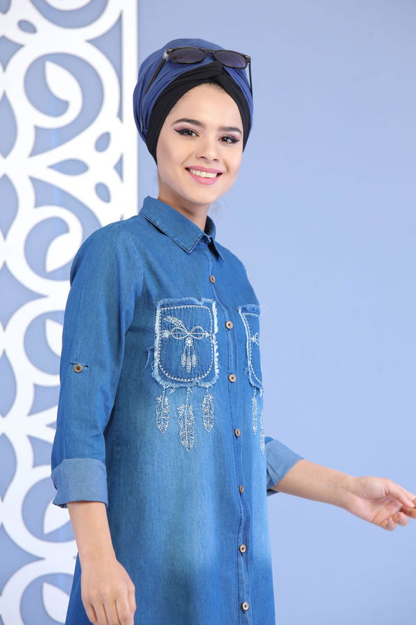 Düz Orta Kadın Mavi Tunik + T- Shirt Kot Rengi - 02 7157 - 7157