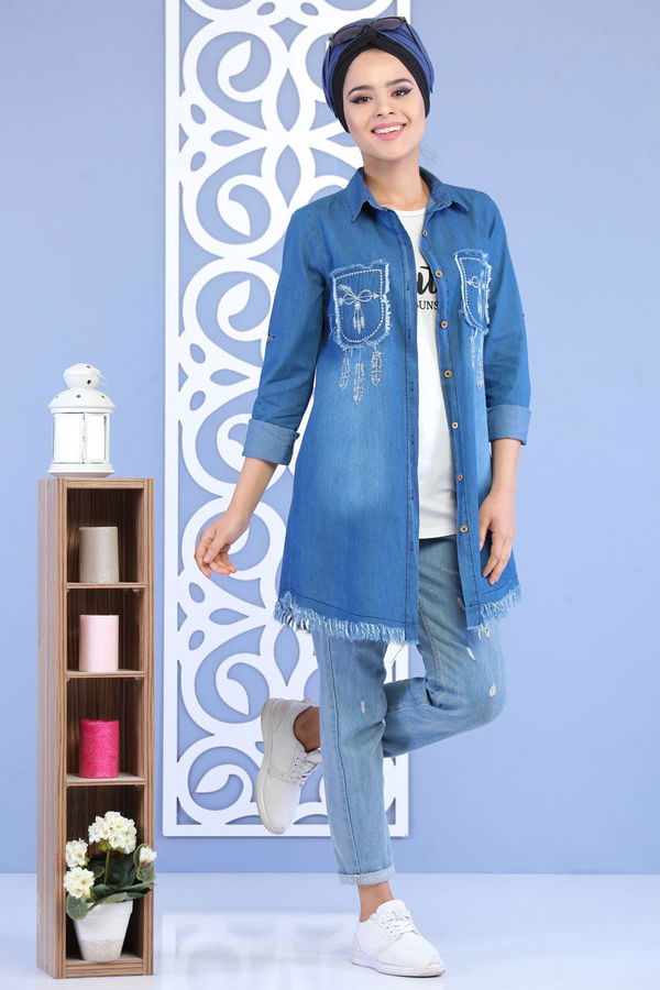 Düz Orta Kadın Mavi Tunik + T- Shirt Kot Rengi - 02 7157 - 7157