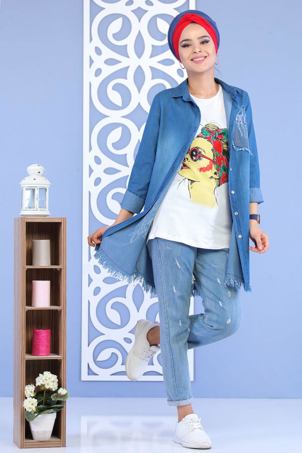 Düz Orta Kadın Mavi Tunik T- Shirt Kot Rengi - 02 7162 - 7162 MAVİ