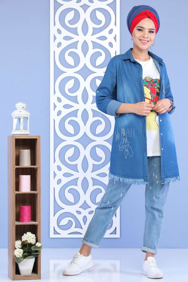 Düz Orta Kadın Mavi Tunik T- Shirt Kot Rengi - 02 7162 - 7162 MAVİ