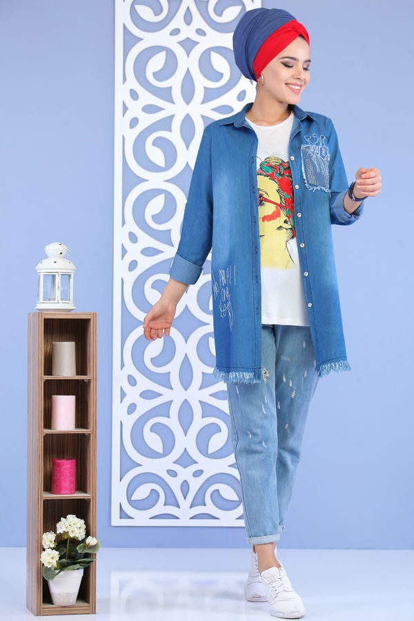 Düz Orta Kadın Mavi Tunik T- Shirt Kot Rengi - 02 7162 - 7162 MAVİ