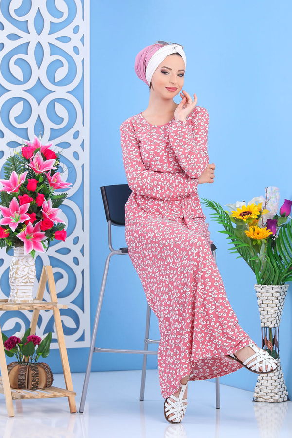 Düz Orta Kadın Pembe Desen Elbise Siyah  - 7427 PEMBE