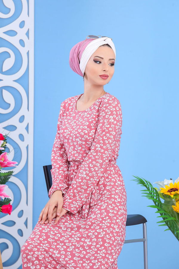 Düz Orta Kadın Pembe Desen Elbise Siyah  - 7427 PEMBE