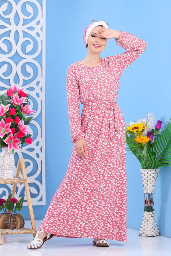 Düz Orta Kadın Pembe Desen Elbise Siyah  - 7427 PEMBE