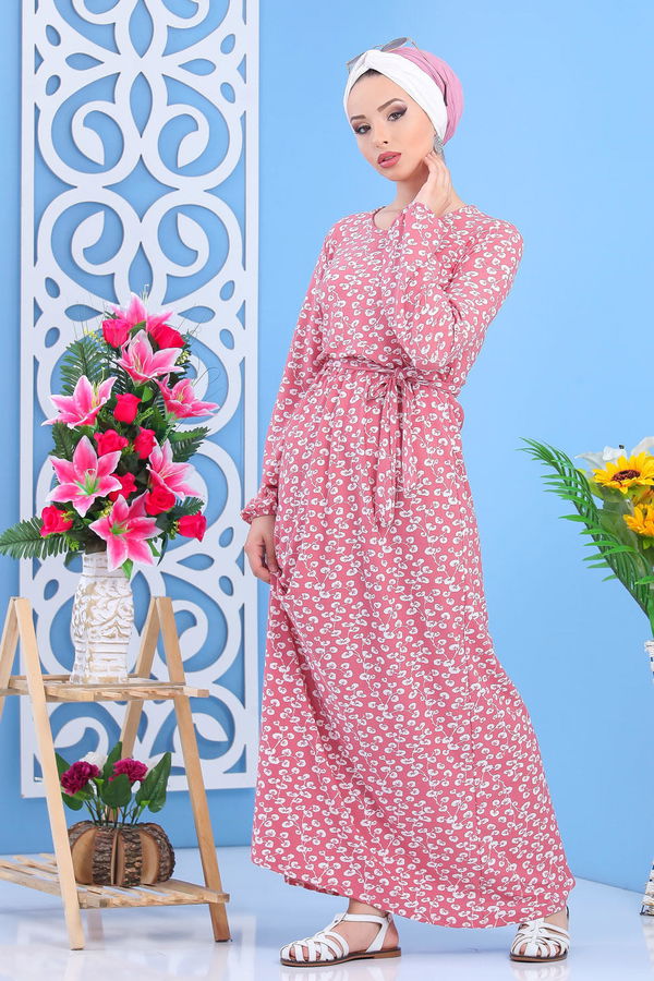 Düz Orta Kadın Pembe Desen Elbise Siyah  - 7427 PEMBE