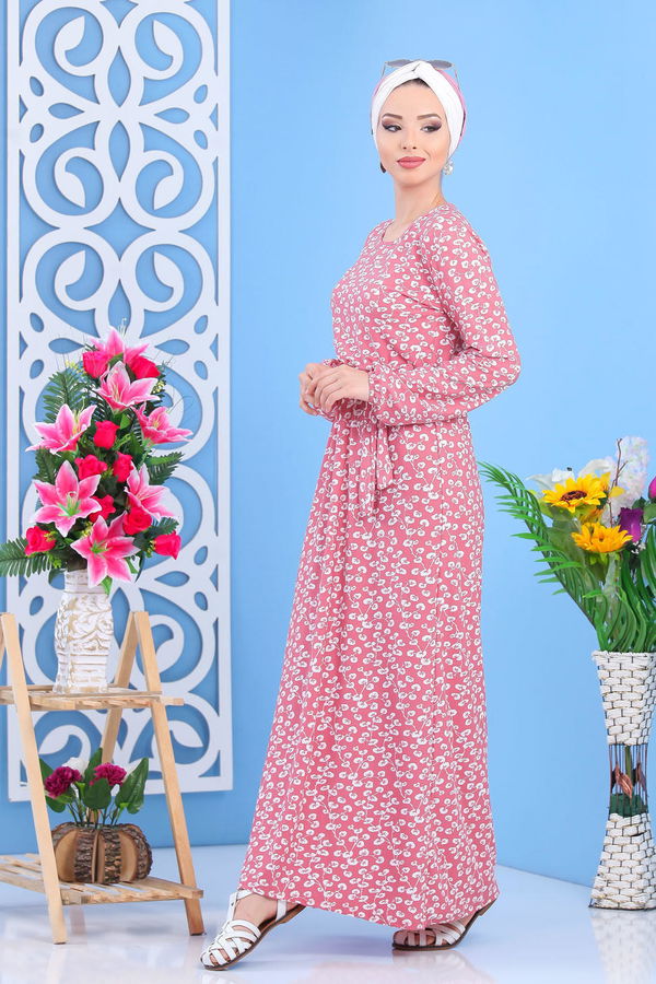 Düz Orta Kadın Pembe Desen Elbise Siyah  - 7427 PEMBE