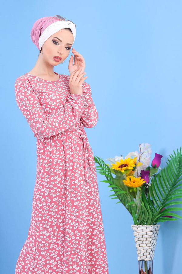 Düz Orta Kadın Pembe Desen Elbise Siyah  - 7427 PEMBE