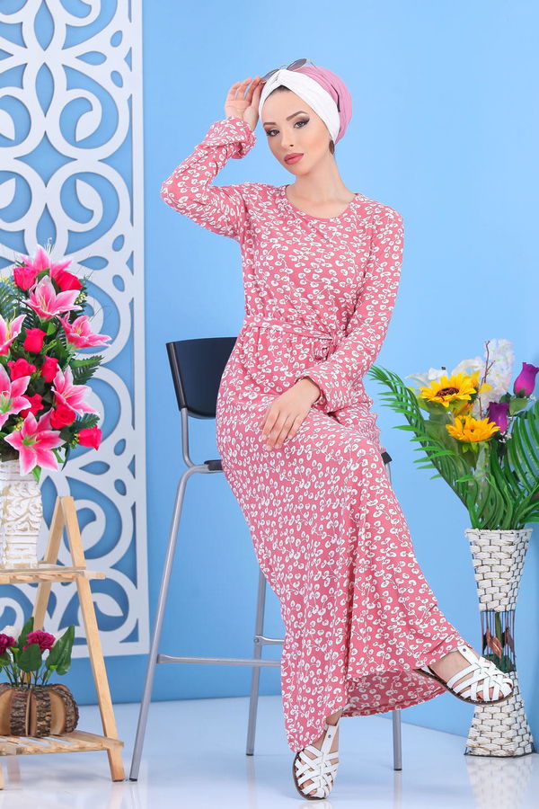 Düz Orta Kadın Pembe Desen Elbise Siyah  - 7427 PEMBE