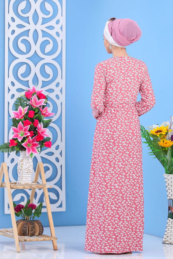 Düz Orta Kadın Pembe Desen Elbise Siyah  - 7427 PEMBE