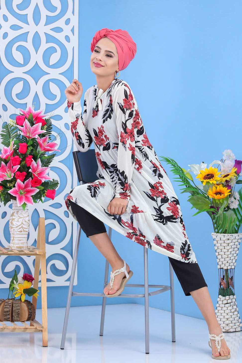 Düz Orta Kadın Pembe Çiçek Desen Tunik Bordo  - 7508