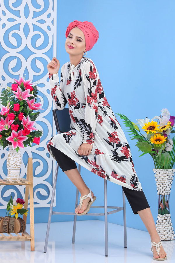 Düz Orta Kadın Pembe Çiçek Desen Tunik Bordo  - 7508