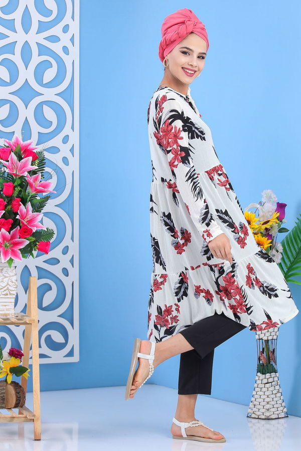 Düz Orta Kadın Pembe Çiçek Desen Tunik Bordo  - 7508