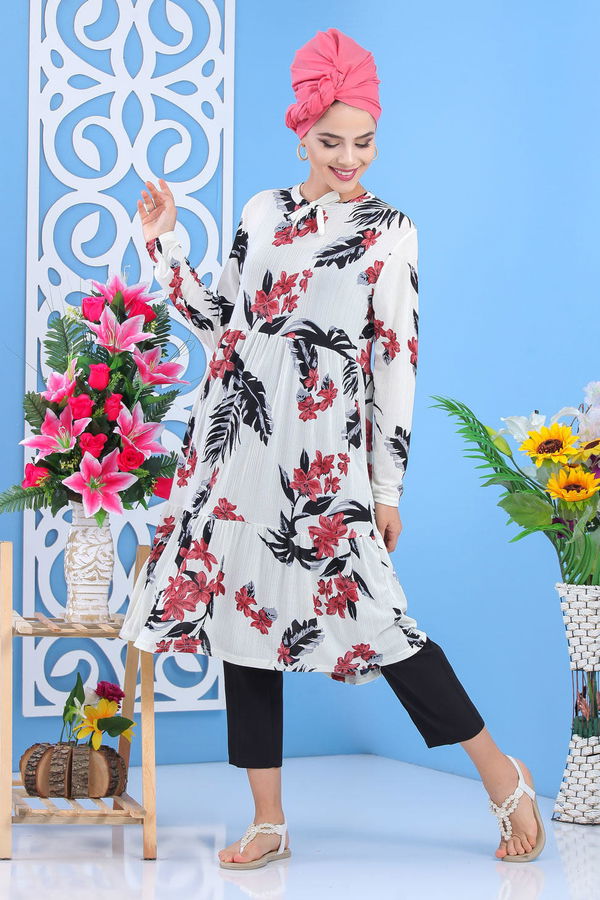 Düz Orta Kadın Pembe Çiçek Desen Tunik Bordo  - 7508