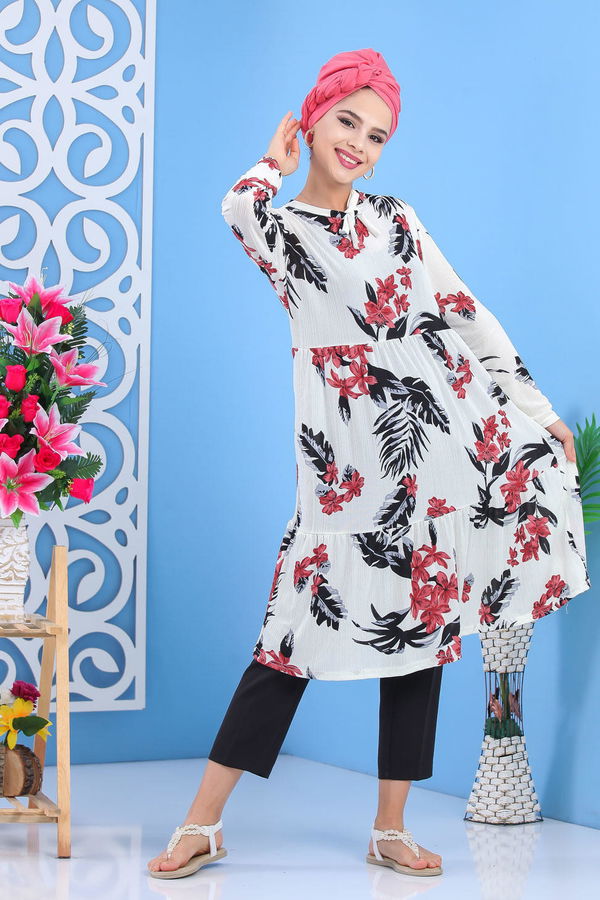 Düz Orta Kadın Pembe Çiçek Desen Tunik Bordo  - 7508