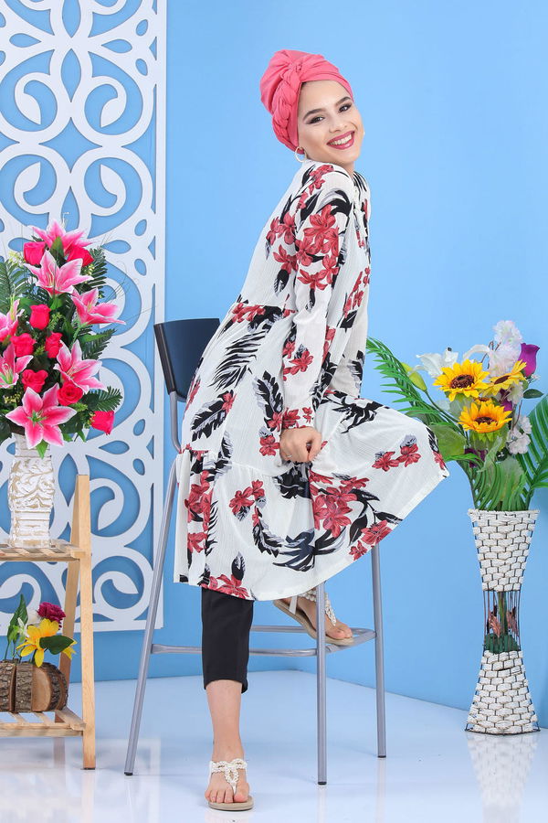 Düz Orta Kadın Pembe Çiçek Desen Tunik Bordo  - 7508