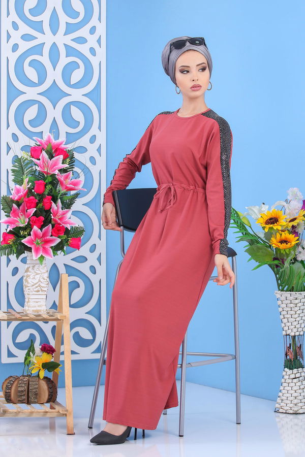 Düz Orta Kadın Pembe Elbise Siyah  - 7510