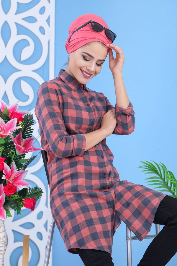 Düz Orta Kadın Pembe Kareli Tunik Haki  - 7538