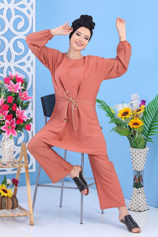 Düz Orta Kadın Pembe Tunik Pantolon Siyah  - 7561