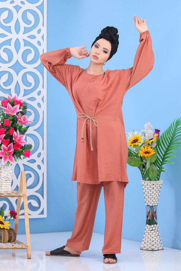 Düz Orta Kadın Pembe Tunik Pantolon Siyah  - 7561