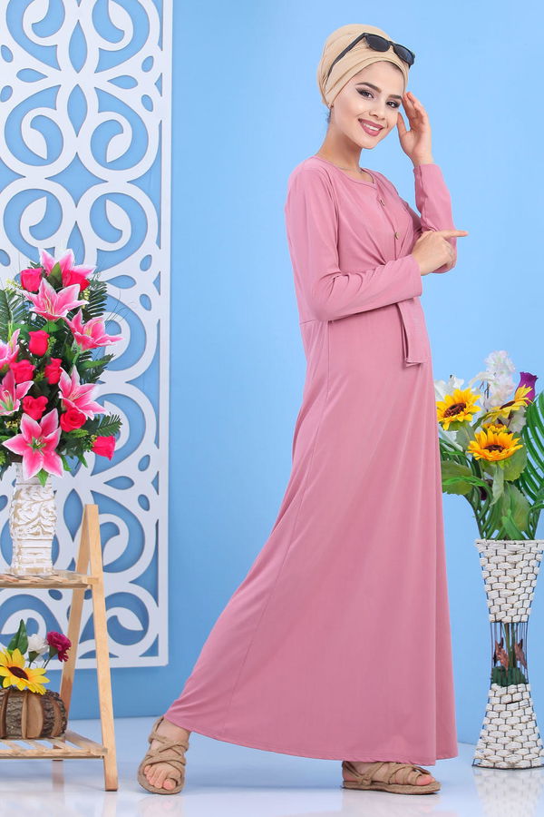 Düz Orta Kadın Pembe Elbise Siyah  - 7564 PEMBE