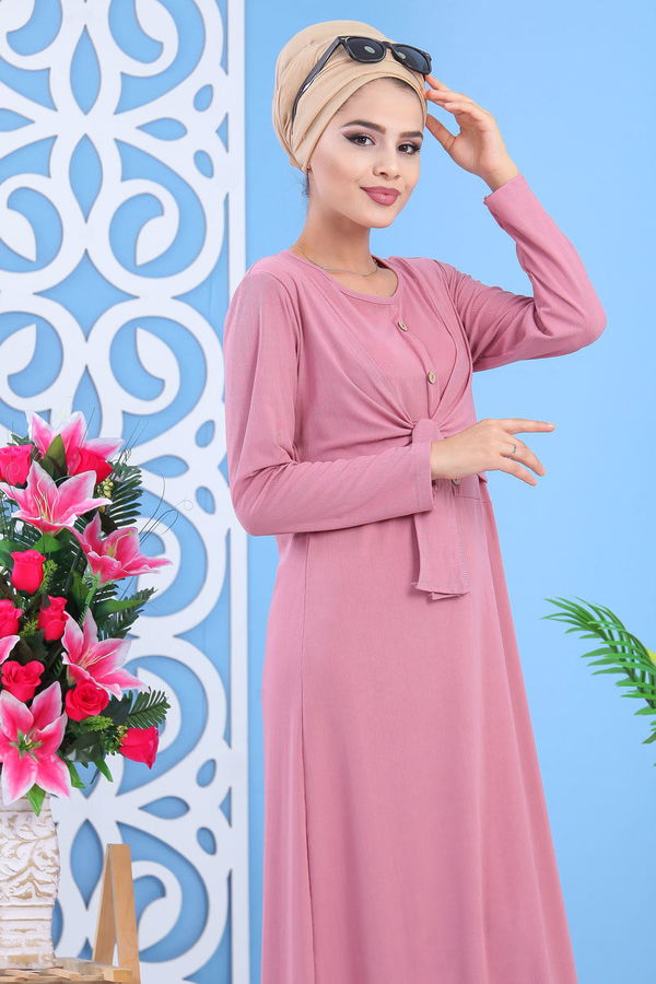 Düz Orta Kadın Pembe Elbise Siyah  - 7564 PEMBE