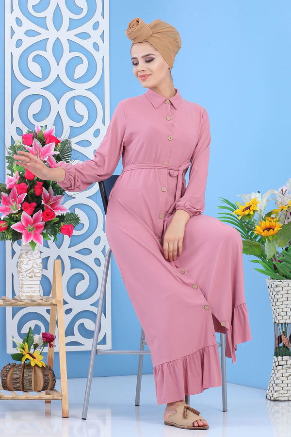 Düz Orta Kadın Pembe Dügmeli Elbise Siyah  - 7509 PEMBE