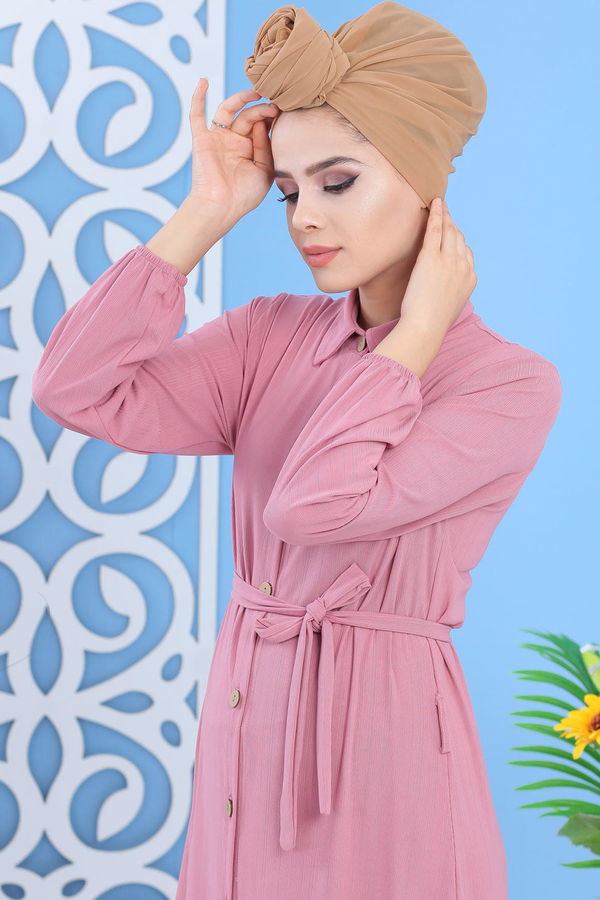 Düz Orta Kadın Pembe Dügmeli Elbise Siyah  - 7509 PEMBE