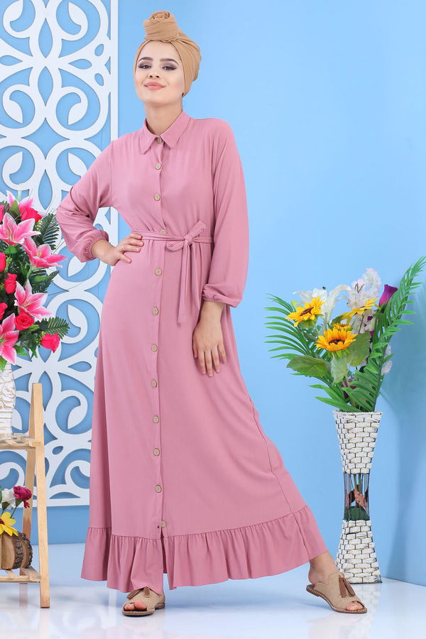 Düz Orta Kadın Pembe Dügmeli Elbise Siyah  - 7509 PEMBE