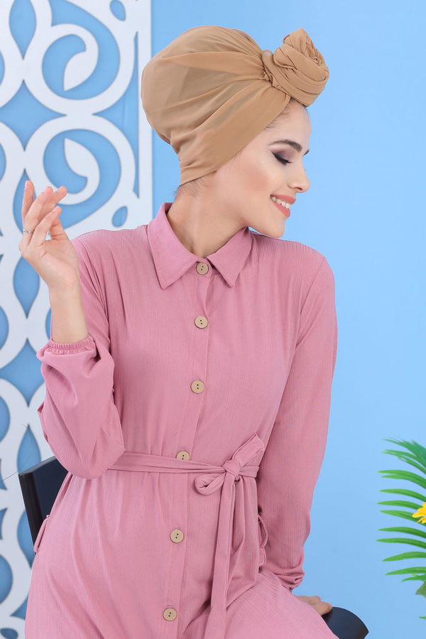 Düz Orta Kadın Pembe Dügmeli Elbise Siyah  - 7509 PEMBE