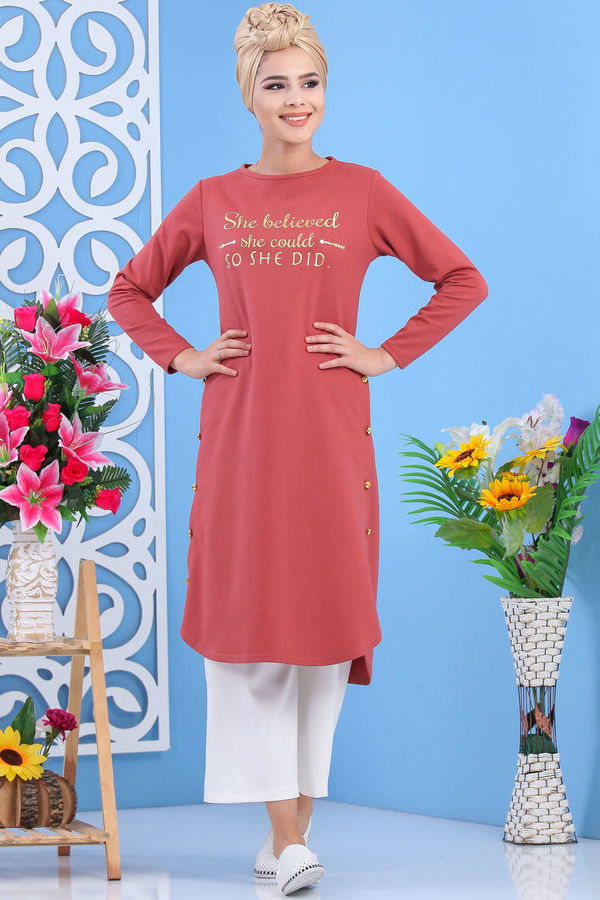 Düz Orta Kadın Pembe Tunik Siyah  - 7582