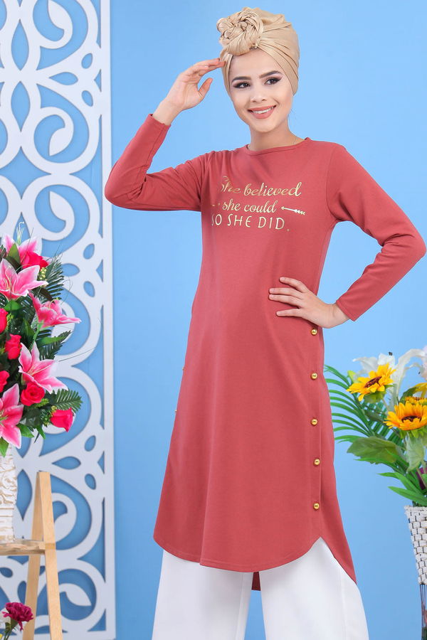 Düz Orta Kadın Pembe Tunik Siyah  - 7582