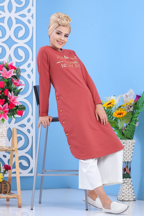 Düz Orta Kadın Pembe Tunik Siyah  - 7582