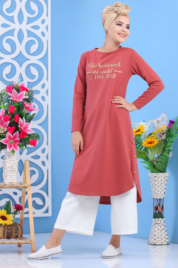 Düz Orta Kadın Pembe Tunik Siyah  - 7582