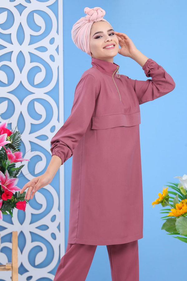 Düz Orta Kadın Pembe Tunik Pantolon Pudra  - 7601 PEMBE