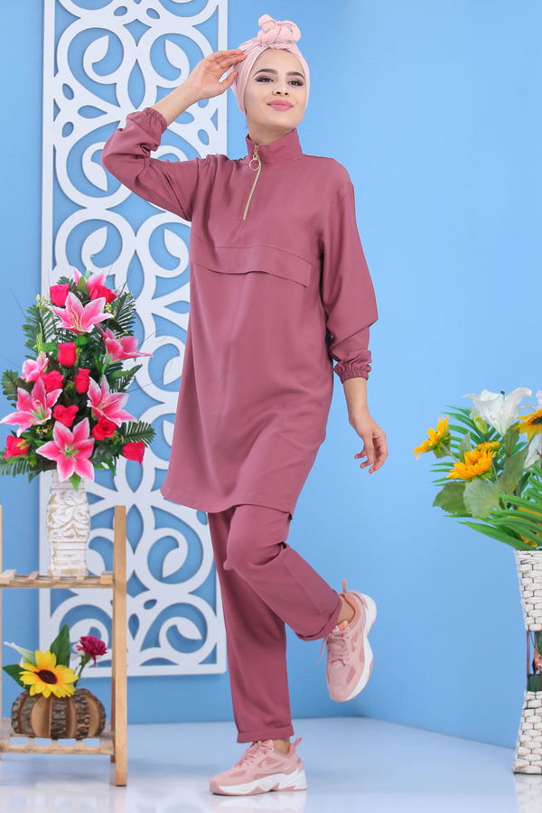Düz Orta Kadın Pembe Tunik Pantolon Pudra  - 7601 PEMBE