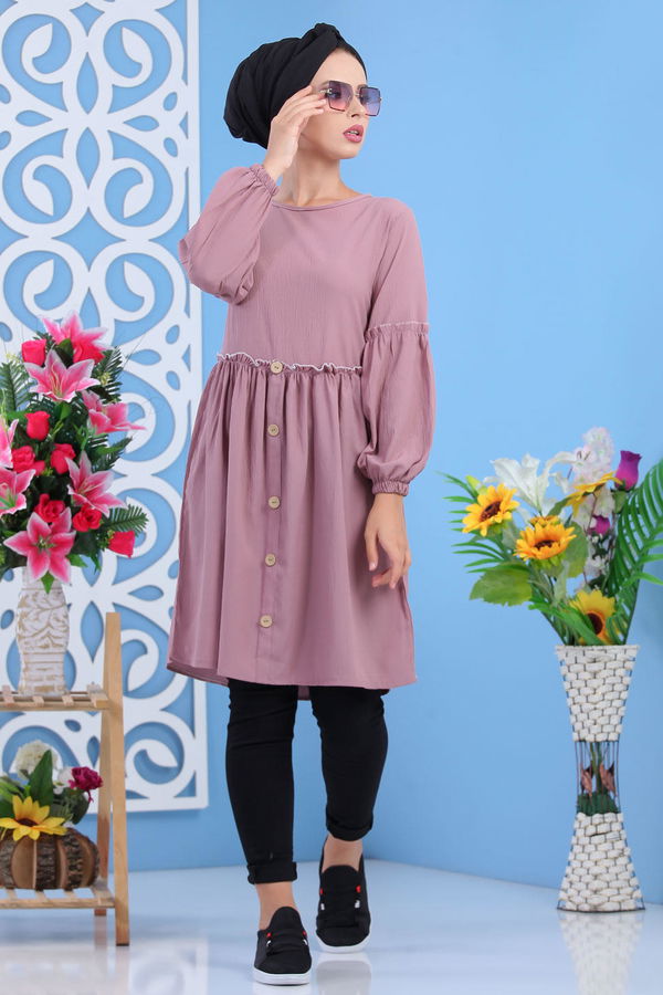 Düz Orta Kadın Pembe Dügme Detay Tunik Siyah  - 7611 PEMBE