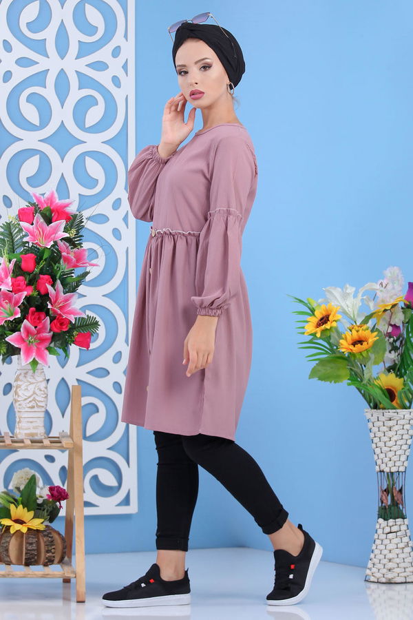 Düz Orta Kadın Pembe Dügme Detay Tunik Siyah  - 7611 PEMBE