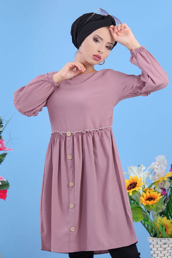 Düz Orta Kadın Pembe Dügme Detay Tunik Siyah  - 7611 PEMBE
