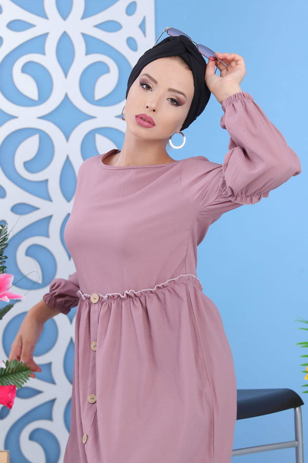 Düz Orta Kadın Pembe Dügme Detay Tunik Siyah  - 7611 PEMBE