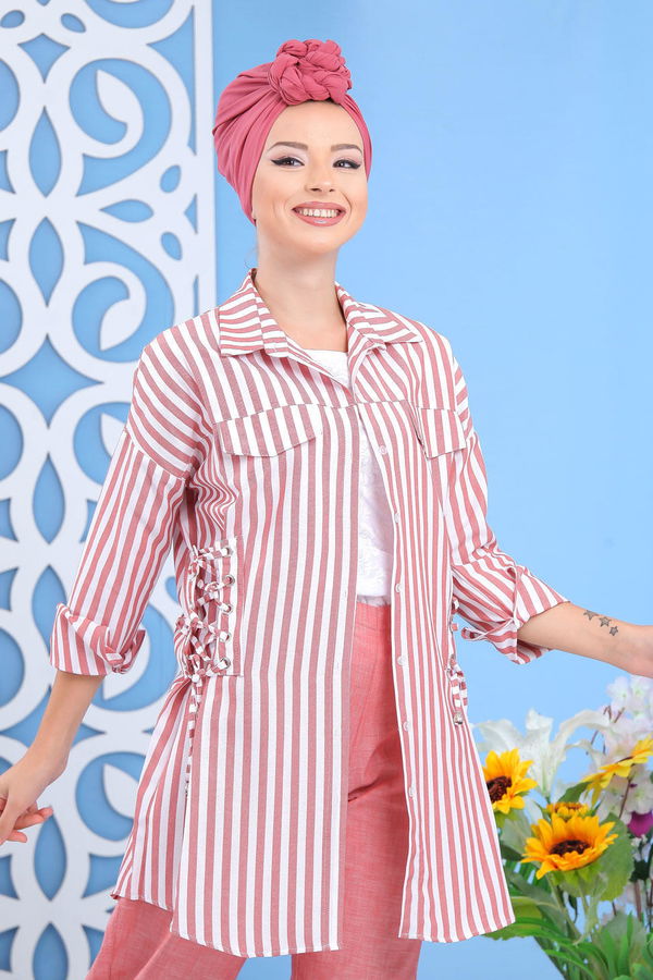 Düz Orta Kadın Pembe Çizgili Tunik Taba  - 7647 PEMBE