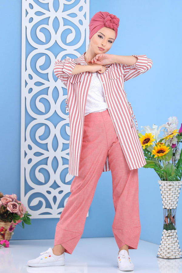 Düz Orta Kadın Pembe Çizgili Tunik Taba  - 7647 PEMBE