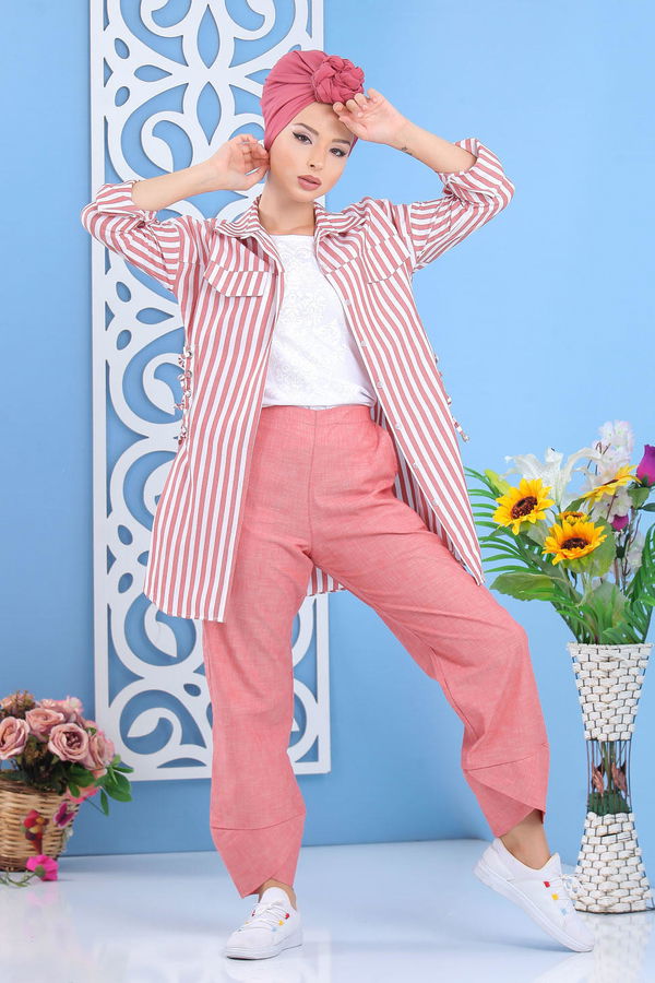 Düz Orta Kadın Pembe Çizgili Tunik Taba  - 7647 PEMBE
