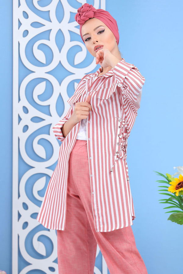 Düz Orta Kadın Pembe Çizgili Tunik Taba  - 7647 PEMBE