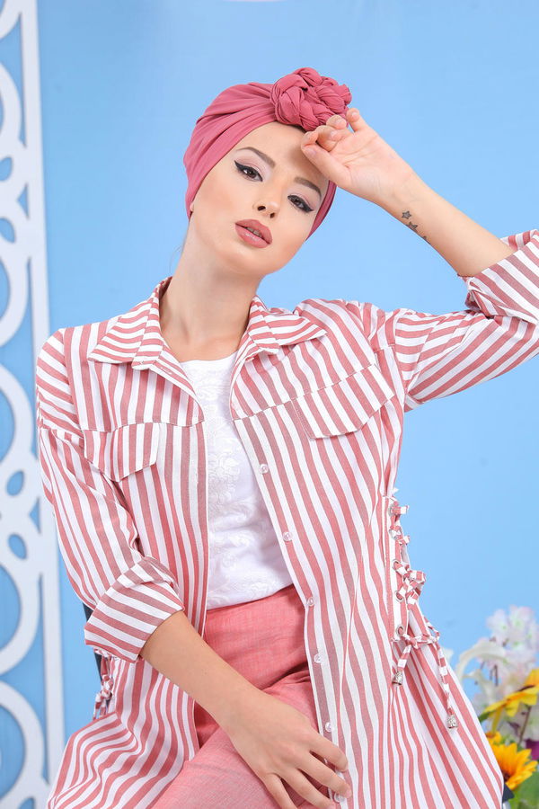 Düz Orta Kadın Pembe Çizgili Tunik Taba  - 7647 PEMBE