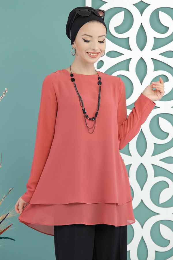 Düz Orta Kadın Pembe Bluz  - 1259