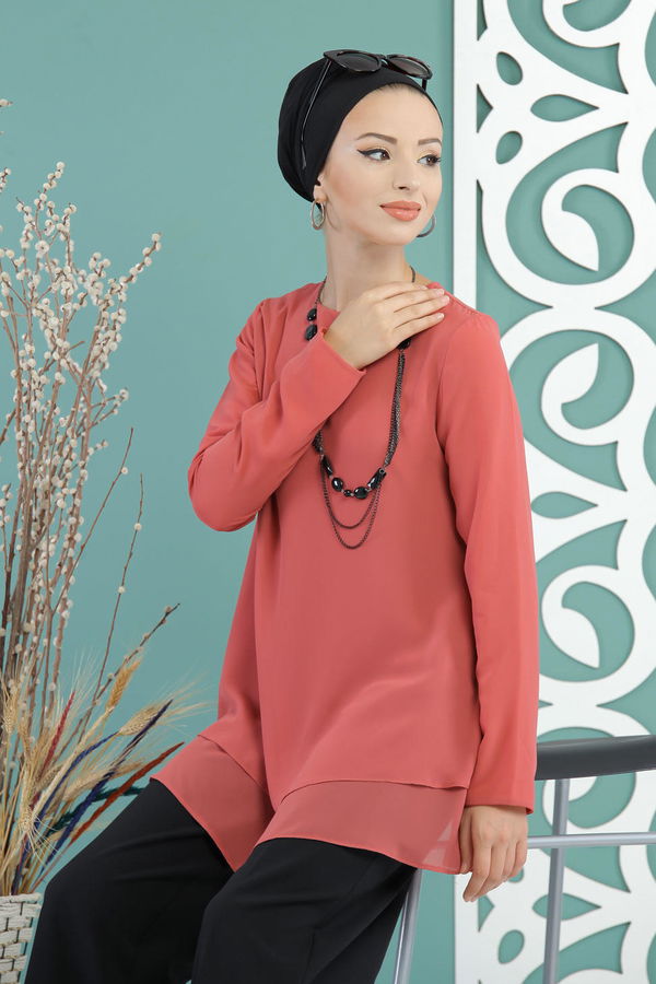 Düz Orta Kadın Pembe Bluz  - 1259