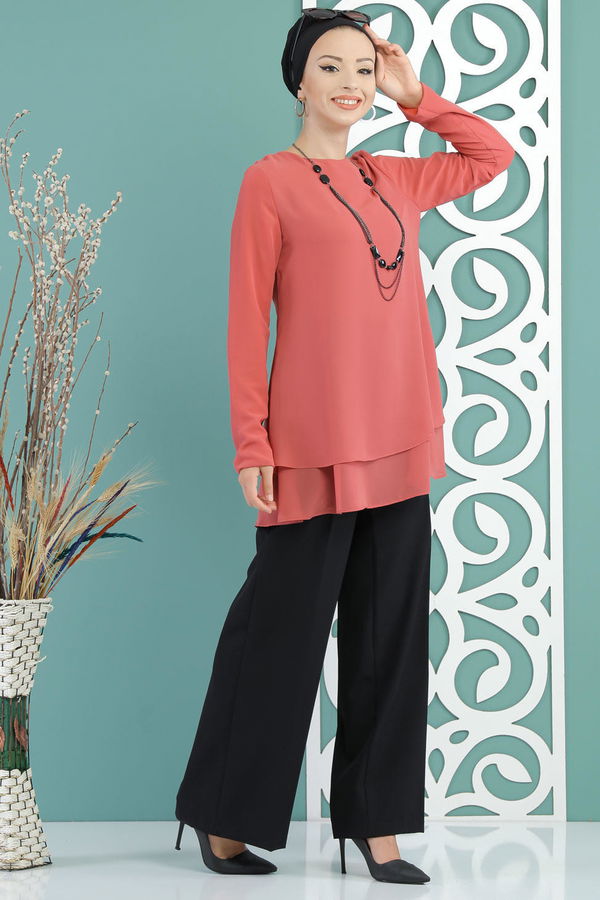 Düz Orta Kadın Pembe Bluz  - 1259