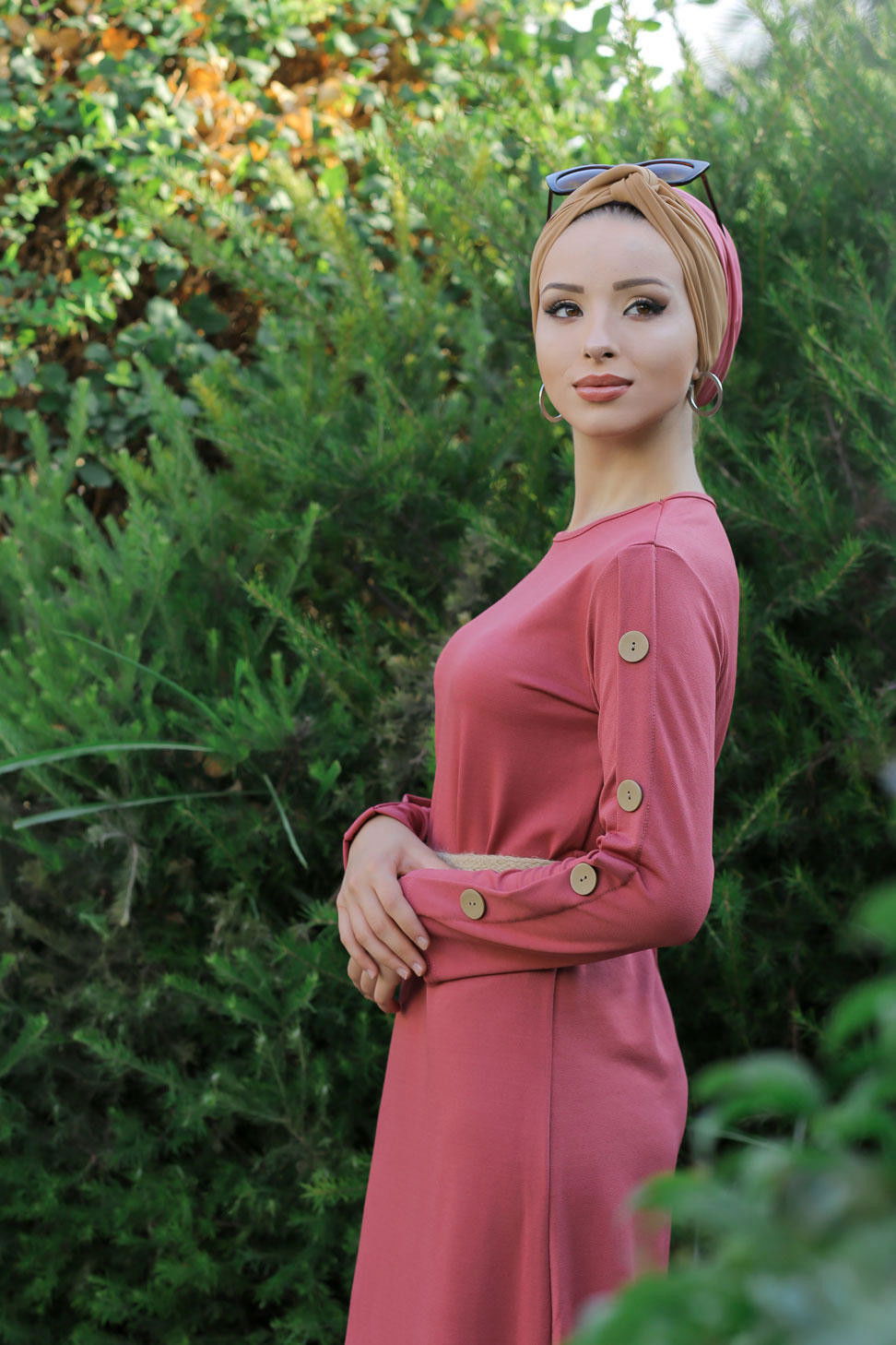 Düz Orta Kadın Pembe Dügme Detey Elbise Kemer Siyah  - 7633 PEMBE