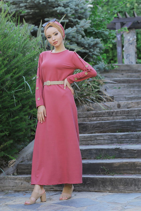 Düz Orta Kadın Pembe Dügme Detey Elbise Kemer Siyah  - 7633 PEMBE