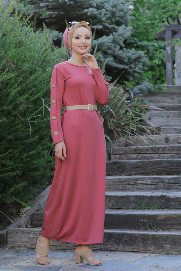 Düz Orta Kadın Pembe Dügme Detey Elbise Kemer Siyah  - 7633 PEMBE